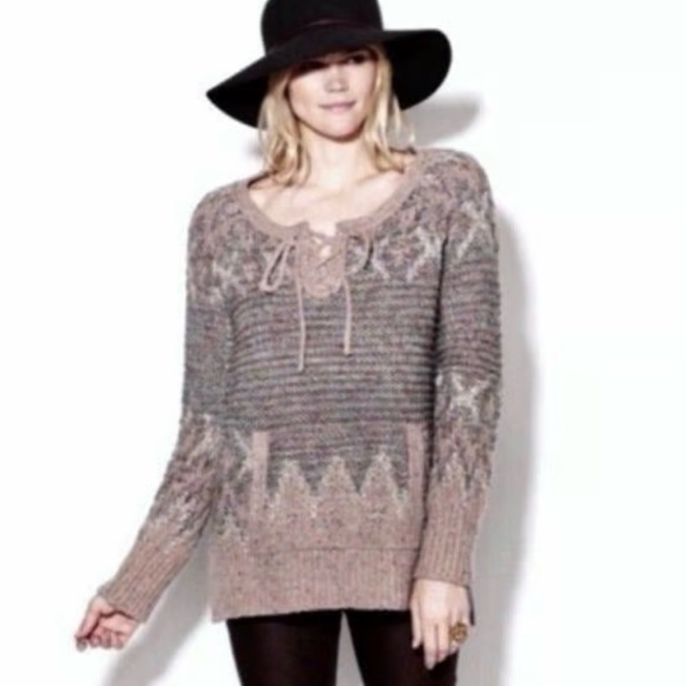 Free People Blush Taupe Lace-Up Cable Knit Scoop Sweater - Picture 2 of 11